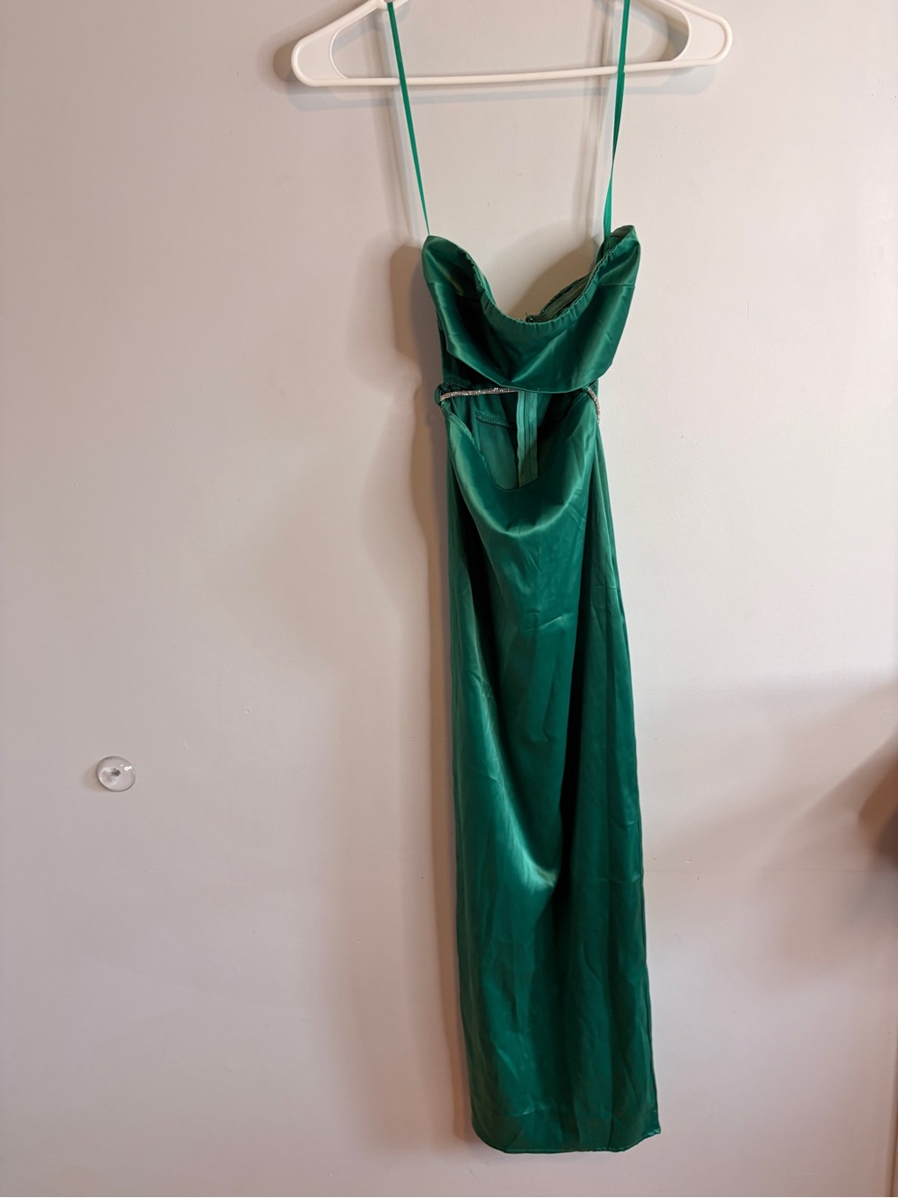 Saints + secrets Emerald Satin Strapless Maxi Dress with Embellished Silver